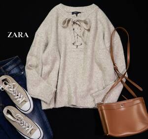 ザラ ZARA KNIT 大人可愛い☆ゆったり モヘヤブレンド レースアップ ニット プルオーバー L