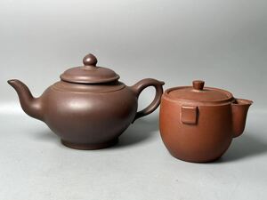 煎茶 急須 茶壷2点朱泥紫砂 段泥 時代唐物 茶道具 大サイズ約 19*12*11cm小サイズ約8.5*7.5cm水平壷 中国宜興 茶器 茶瓶 古美術骨董 うぶ品