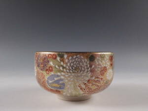 ○栄○九谷 花仙 造 金彩色絵 牡丹図 茶碗 茶道具 無傷完品 19w344