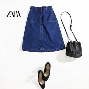 美品 ZARA ザラ Z1975 DENIM スナップボタン ミディ ロング丈 定番 ストレッチ ゴールドステッチ Aライン デニムスカート S ネイビー ブル