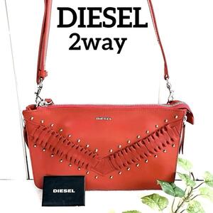 極美品【DIESEL ディーゼル】2way レザー バッグ ローズレッド クラッチバッグ ショルダーバッグ マチ部ファスナー