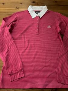 送料込み！adidas 長袖ポロシャツ 美品 ボーダー ピンク Lサイズ アディダス GOLF ゴルフウェア 154-162 長袖 シャツ