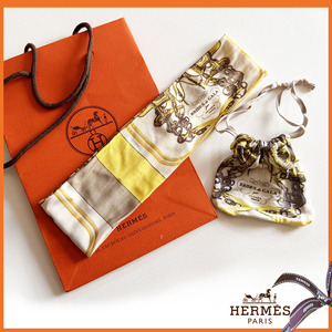 HERMES エルメス★ヘアバンドカチューシャ巾着(ポーチ)&紙袋付き収縮シルクフランス製　