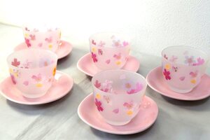 Й★たち吉★花いかだ★冷茶椀★茶托付き★ピンク★グラス★箱入り★未使用品★