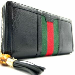 グッチ【極美品】GUCCI 長財布 ラウンドファスナー バンブー シェリーライン タッセル ロゴ レザー 本革 ブラック メンズ レディース