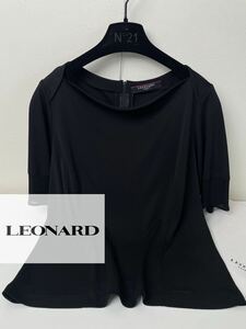 d12シンプル◎超美品●LEONARD FASHION●カンカン素材●ブラウス　トップスコーデ　レオナール レディース 大きめLL.XL フォーマル