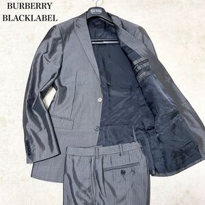 【極上の艶感】バーバリーブラックレーベル BURBERRYBLACKLABEL スーツセットアップ ダークグレー ストライプ ビジネス Lサイズ スリム