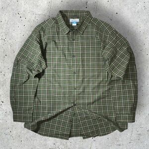 ★COTTON100%★Columbia 長袖シャツ sizeXXL グリーン系チェック柄 ピスネーム コロンビア クリーニング プレス済み USED 1629