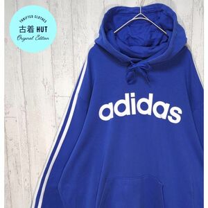 adidas　プルオーバーパーカー　スリーライン　USA古着　ブルー　XL　#h971