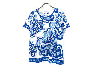 12493 美品 LEONARD レオナール 花柄 ペイズリー 総柄 ラウンドネック Uネック 半袖 カットソー Tシャツ size 44 コットン 白×青 トップス