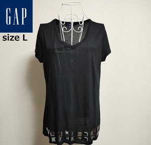 GAP★黒 L★Tシャツ 黒 薄手 カットソー プルオーバー ビジュー トップス ブラック フレンチスリーブ ファンシーストーン ラインストーン 