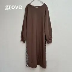 grove グローブ ペイズリー柄サイドプリーツワンピース ブラウン