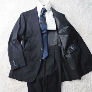 バーバリー Burberrys スーツ セットアップ ジャケット パンツ ニューウール100%生地 ダークネイビー ストライプ柄 2釦 メンズＬサイズ