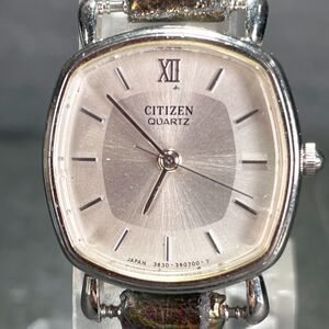 美品 CITIZEN シチズン 3630-360338 腕時計 アナログ クオーツ 3針 シルバー文字盤 レザーバンド ステンレススチール レディース スクエア