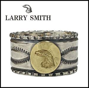 ★美品★ LARRY SMITH ラリースミス K18 イーグル フェイス タタキ メタル シルバー スタンプワーク リング 指輪 20号 カゼキリ フェザー