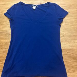 中古 Tシャツ H&M ブルー M 送料¥185カットソー 半袖 Vネック