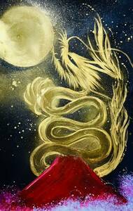 ドラゴンアート　【真作】美術品　黄金　龍神と満月　赤富士　開運　鱗　金運アップ　黄金龍鱗　絵画 龍　エネルギー　プレゼント　模写