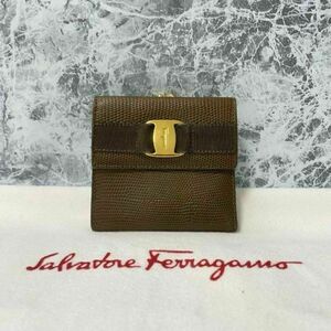 FERRAGAMO フェラガモ がま口付 折り財布 ブラウン ゴールド金具 5-14348