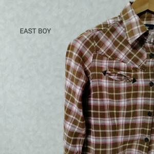 EASTBOY イーストボーイ チェック柄 シャツ チュニック ワンピース 長袖 胸ポケット ベルトループ カジュアル ブラウン サイズ11 SJ288