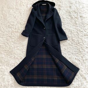 イギリス製 BURBERRY LONDON カシミヤ マキシ丈 フーディコート ネイビー ノバチェック バーバリーロンドン レディース ロングコート 紺