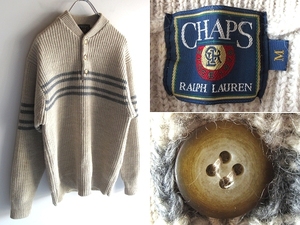 希少 90sビンテージ CHAPS RALPH LAUREN ラルフローレン 畔編み ウール ライン入 ヘンリーネック ニット セーター M ベージュ 国内正規品