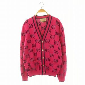 グッチ GUCCI GGコットンインターシャ カーディガン ニット 長袖 M ピンク 紺 ネイビー 703943 /DF ■OS レディース