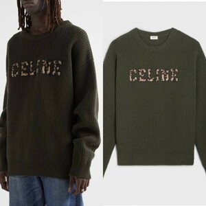 定価20万 セリーヌ レオパード ロゴニット L CELINE カーキ オリーブグリーン ウール クルーネック 48 50 セーター バッグ シャツ 豹柄