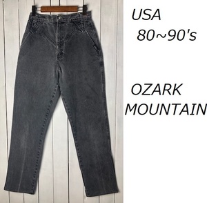 USA古着 80s～90s USA製 デザイン ブラックデニムパンツ 7/8 OZARK MOUNTAIN フェード黒 オールド ヴィンテージ ワイドテーパード ●45