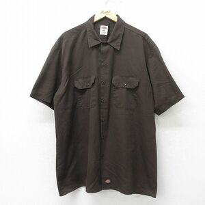 XL/古着 ディッキーズ Dickies 半袖 ワーク シャツ メンズ 大きいサイズ ロング丈 茶 ブラウン 24jun13 中古 トップス