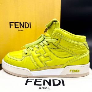 1円 【現行 未使用級】 FENDI フェンディ モノグラム ロゴエンボス メンズ ハイカット スニーカー シューズ 靴 金具 グリーン 25cm相当