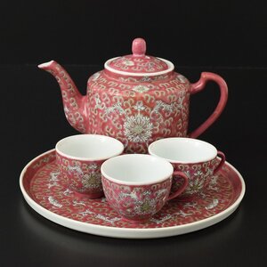 ◎509377 美品 中国景徳鎮製 花唐草模様 色絵磁器 茶器セット