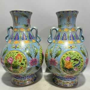 【伝世蔵品】中国古美術 古玩 唐物旧蔵 大清乾隆 御製 琺瑯彩絵双耳如意瓶ペア 極細工 置物 擺件 古賞物 風水物 鎮宅 骨董品 中国骨董