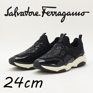 ◆Salvatore Ferragamo サルヴァトーレ フェラガモ エナメル ラインストーン装飾 スニーカー シューズ 黒 ブラック 6 1/2