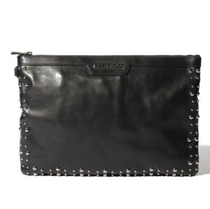 未使用・送料無料■JIMMY CHOO・ジミーチュウ■クラッチバッグ DEREK EQP 182 BLACK LEATHER WITH PEARL STUDS■スタッズ メンズバッグ