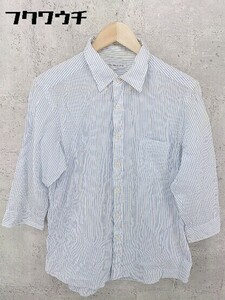 ◇ green label relaxing UNITED ARROWS ストライプ ボタンダウン BD 七分袖 シャツ サイズL ライトブルー ホワイト メンズ