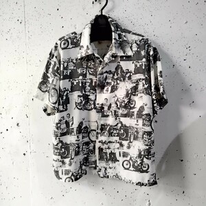 HARLEY DAVIDSON Vintage recing jersey プリント 総柄 半袖シャツ アロハ Mサイズ　ビンテージ ハーレー　ナックル　パン　サイドバルブ