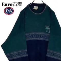 Euro古着 C＆A 肉厚アルパカ入りウールニット L 刺繍 アクリルセーター