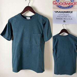 ★【国内正規品 希少レア USA製 】GOODWEAR グッドウェア コットン系 定番名作 無地 やや厚手 ポケット Tシャツ 半袖 S ネイビー グリーン