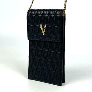 極美品■VERSACE ヴェルサーチ ヴィルトゥス V チェーン ショルダーバッグ キルティング フォンポーチ ゴールド金具 ブラック カーフレザー