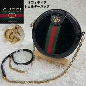 超極美品　グッチ　GUCCI　オフィディア　シェリーライン　GG　ショルダーバッグ　チェーン　バッグ　スウェード　丸型　黒　光沢　