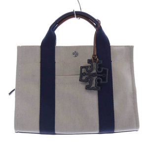 トリーバーチ TORY BURCH TWILL SMALL TORY TOTE ショルダーバッグ ハンドバッグ 2way べージュ 紺 ネイビー /SR34 レディース