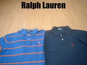 即戦力2着セットRalph Laurenワンポイント鹿の子ポロシャツLボーダー&プレーン正規ラルフローレン90sビンテージ青ブルー&紺ネイビーVintage