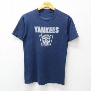 XS/古着 半袖 ビンテージ Tシャツ メンズ 00s ヤンキース リトルリーグ 野球 クルーネック 紺 ネイビー 霜降り 23aug28 中古