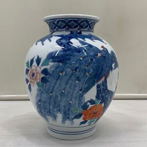 I ☆美品☆ 鍋島焼 清山作 花瓶 花器 花入 フラワーベース 壺 壷 ツボ つぼ 置物 色絵 孔雀 陶器陶芸 伝統工芸 骨董 簡易清掃済み