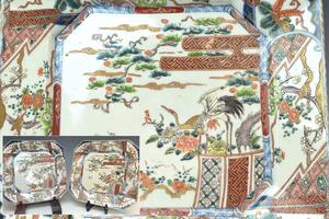 【趣楽】 江戸時代　古伊万里双鶴図角飾り皿一対　幅３３ｃｍ　本物保証　Z1311