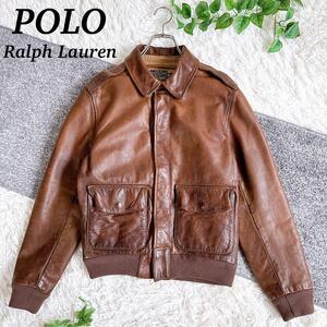 良品　Polo Ralph Lauren　ポロラルフローレン　A-2 レザージャケット　ブルゾン　牛革　ブラウン　M　牛革　本革