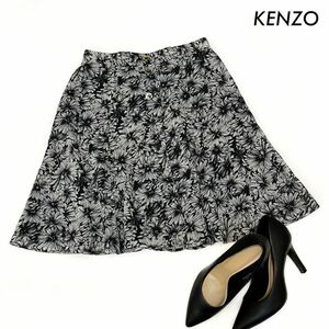 【送料無料】KENZO ケンゾー★花柄 ミニスカート ひざ上丈 モノクロ センター開き