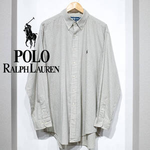 17-34 35（XL相当） / 90’S POLO RALPH LAUREN ポロラルフローレン 長袖 チェックシャツ 白緑茶 コットン YARMOUTH ゆるダボ 薄手