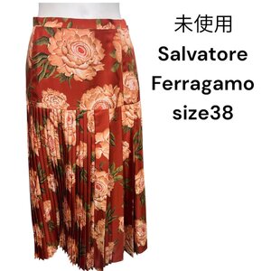 未使用　サルヴァトーレフェラガモ　SalvatoreFerragamo　美しい花柄　シルク　ロング　プリーツ　スカート　38、M、9号　S4L448