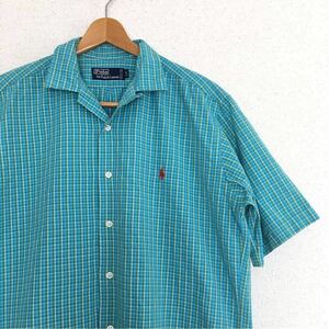 ビンテージ 90s【Polo Ralph Lauren】カナダ製 ターコイズ 半袖シャツ ポロ ラルフローレン 古着 開襟シャツ RRL RL92 RL93 caldwell XL